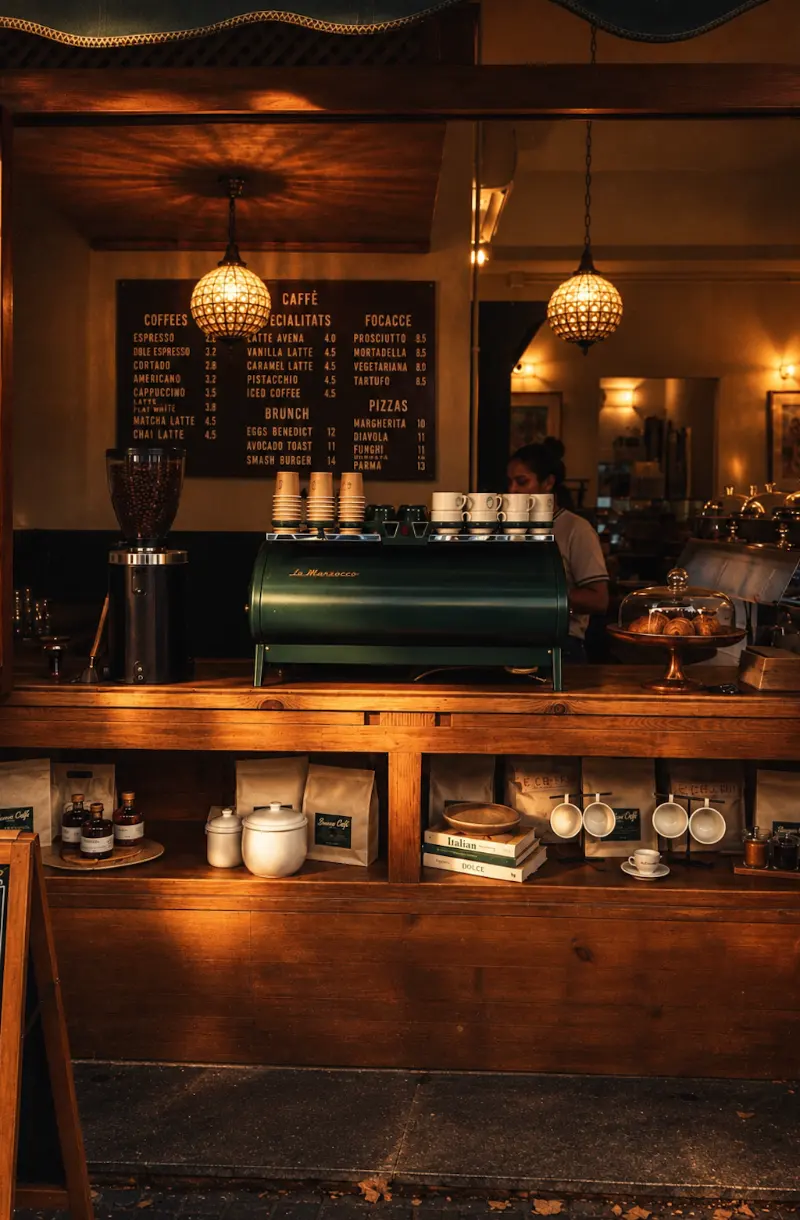 Barista vertiendo leche detrás de la barra, con la lámpara de araña al fondo